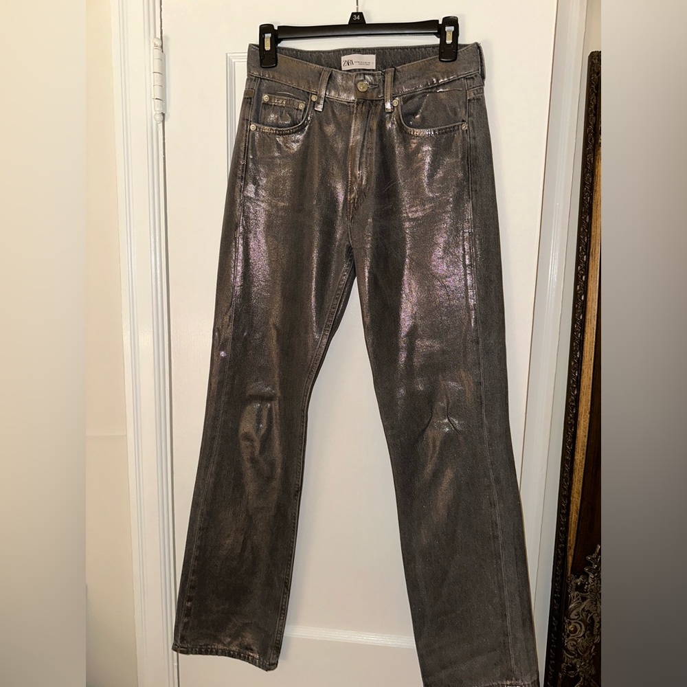 Zara metallic straight leg jeans; mid rise; straight leg; metallic coated; size2